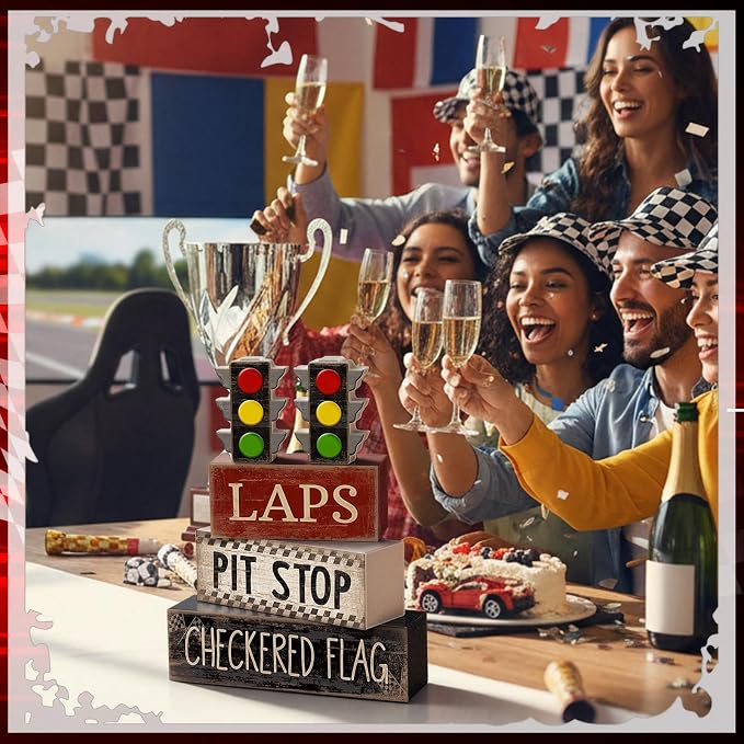 Lineshading 4 Pcs Race Car Wooden Tiered Tray Decor Tabletop Block Signs | Traffic Lights Pit Stop Checkered Flag Design, Boys Racing Birthday Party Room Decorations, Theme Display