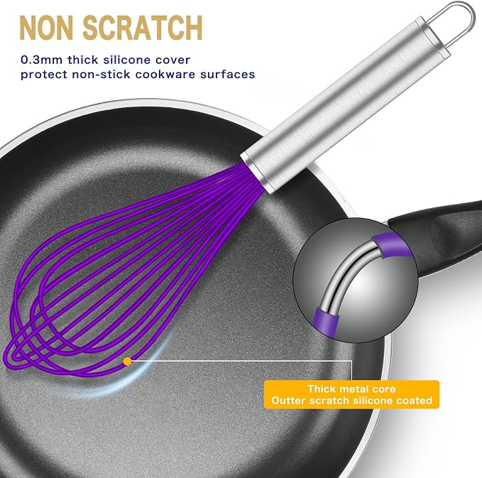 OYV Purple Silicone Whisk Set of 3, 8/10/12 Inch, Non-Scratch | Nonstick-Safe, BPA-Free Silicone, Heat Resistant Up to 480°F, Stainless Steel Core, Dishwasher Safe, Easy to Clean