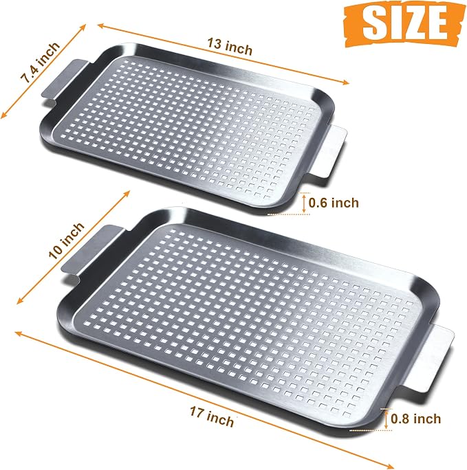 Grill Pan Set of 2, BBQ Grill Topper for Outdoor Grill, Stainless Steel Grilling Baskets with Holes and Handles, Perforated Food Tray Barbecue Accessories for Vegetable, Fish, Meat, Seafood | Stainless Steel Grilling Baskets with Holes and Handles, Per...