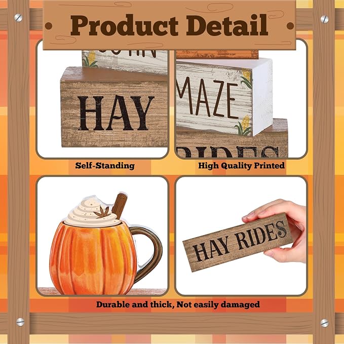 Lineshading 4 Pcs Fall Tiered Tray Decor, Wooden Pumpkin Farmhouse Signs | Rustic Wooden Blocks with Pumpkin Cup, Corn Maze Hay Rides Text, Tabletop Home Decoration for Fall Harvest