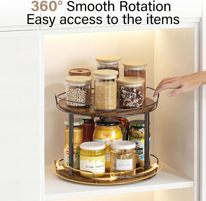 10'' Lazy Susan Turntable Organizer, 2-Tier Rotating Spice Rack | Wooden Lazy Susan for Cabinet, Table Top, Kitchen Countertop, Pantry, Bathroom, Vanity, Home Decor