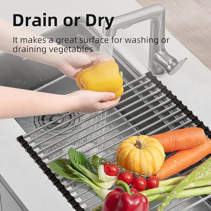 NEZUIBAN Dish Drying Rack with Roll Up and Over Sink for Kitchen,17.5"x11.8",Black