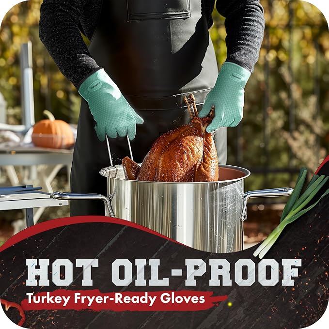 KITCHEN PERFECTION XL Silicone Smoker BBQ Gloves -Heat Resistant Oven Mitts | Waterproof, 5-Finger Design For A Better Grip, for Pitmasters, Meat Smoking, Grilling, Cooking, Frying Turkey | Grill Gift