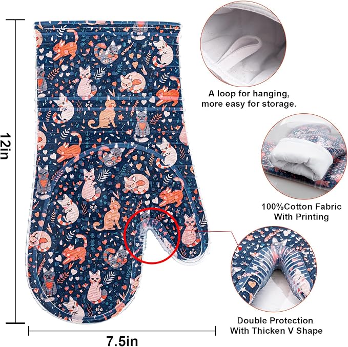 Oven Mitts with Transparent Clear Silicone Shell and Nice Cat Printing | Kitchen Mittenes Cotton Lining Set of 2, Heat Resistant to 500 F Oven Gloves Pot Holder for Cooking (Navy, Cat, mitts)