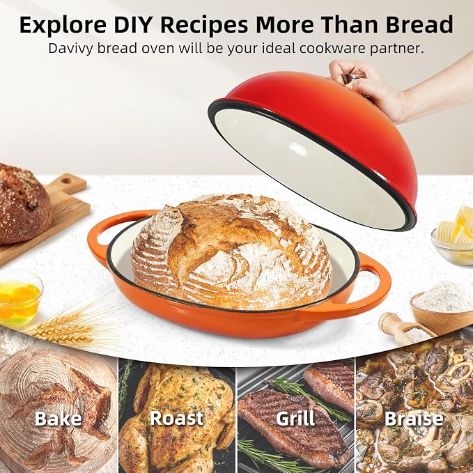 Davivy 11" x 8.7" Oval Bread Oven with Domed Lid, Enameled Oval Dutch Oven Pot for Sourdough Bread Baking 6QT, Non-stick Cast Iron Sourdough Pan Bread Cloche with Lid - Flame Orange