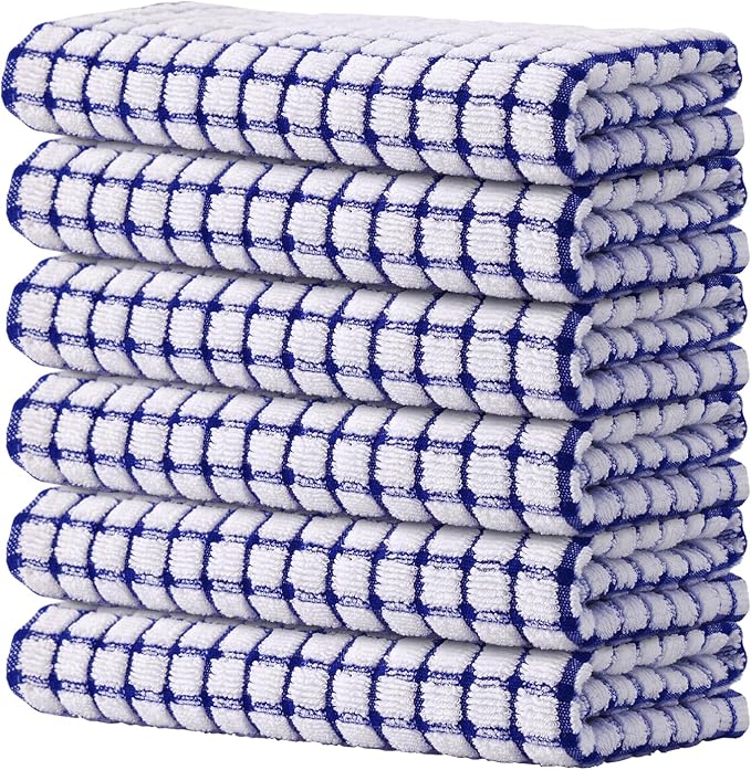 Kitinjoy Cotton 6 Pack Terry Kitchen Towels, Blue | 16 x 25 Inches Super Soft and Absorbent Dish Towels, Quick Drying hand towels for kitchen Drying