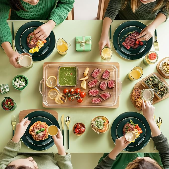 Bestluck 350PCS Green Plastic Dinnerware Set, Green Plastic Plates for 50 Guests, Include 100 Green Gold Plates with 150 Plastic Cutlery, 50 Napkins and 50 Cups