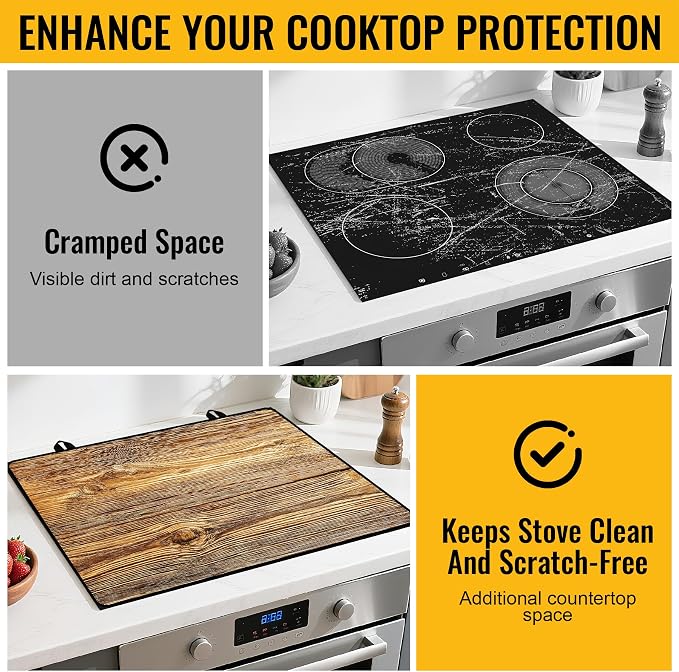 NYZE Wood Grain Color Stove Top Cover for Electric Stove 28x20 Inch Silicone Stovetop Protector, Scratch-Resistant Decorative Kitchen Counter Mat for Electric/Glass Stove Top