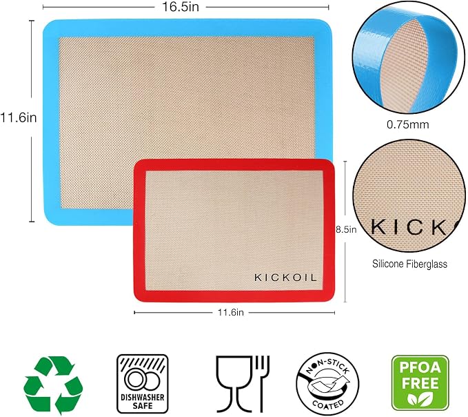 Silicone Baking Mats Set of 3, Non-Stick Reusable BPA-Free Oven Liners | Non Slip Silicone Baking Sheet for Cookies, Macarons, Bread and Pastry, 16.5'' x 11.6''(2 Half) & 11.6' x 8,5''(1 Quarter)