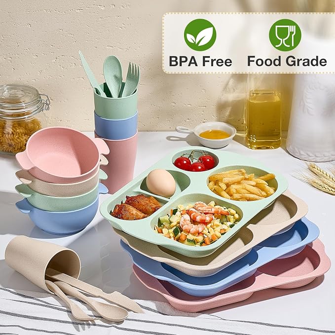 Hlukana 24 Pcs Wheat Straw Dinnerware Cutlery Set, Unbreakable Tableware Set, Including Kids Toddlers Divided Plates, Bowls, Cup, Cutlery Spoons Knifes Forks, BPA Free, Microwave Dishwasher Safe
