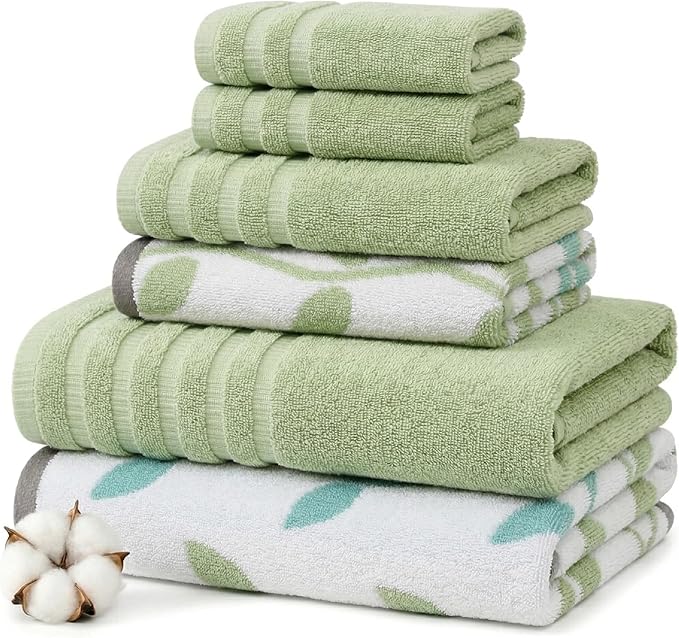 Modern Threads 6 Piece Bath Towel Set – Bathroom Set with 2 Bath Towels, 2 Hand Towels, and 2 Wash Cloths – 100% Cotton, Super Absorbent & Extra Soft – Reversible Natural Vine (Sage Green)