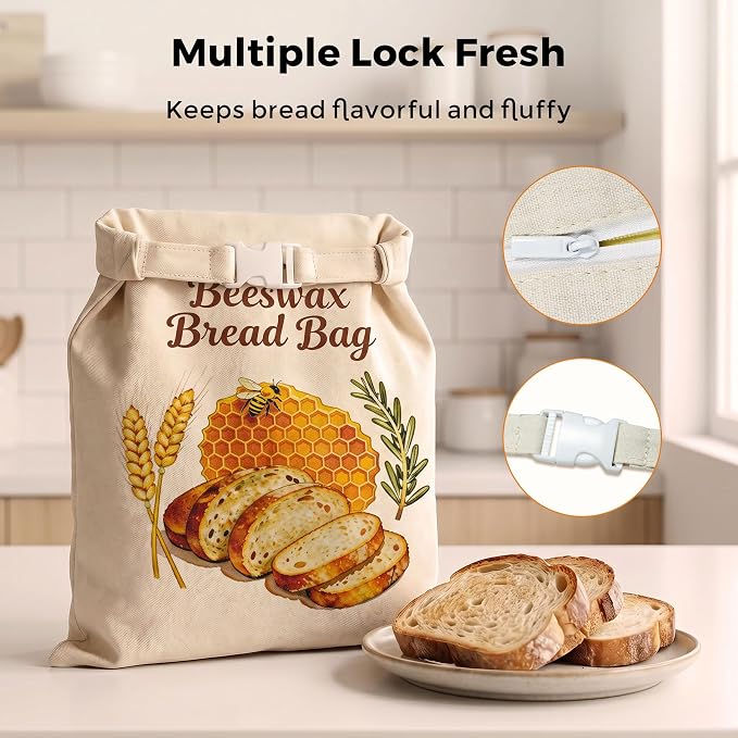 Beeswax Bread Bags for Homemade Bread - 2 Pack- Extra Large 17"×13" Reusable Sourdough Bread Bags for Storage with Zipper Closure, Keep Bread Fresh Naturally, Freezer Safe