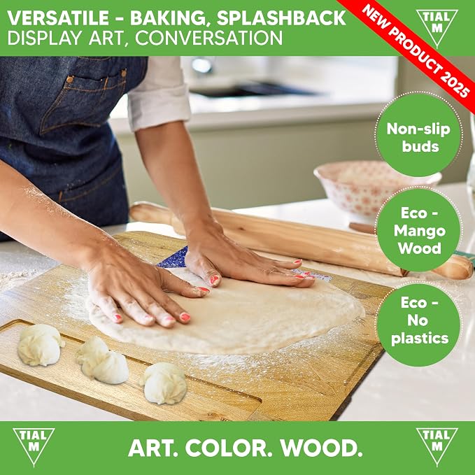 Rustic Mango Wood NOODLE BOARD –28x20 Extra Large Stove Top Cover Cutting Board -Farmhouse Kitchen Décor, Juice Groove & Handles, Mona Lisa & US Flag Art Serving Tray