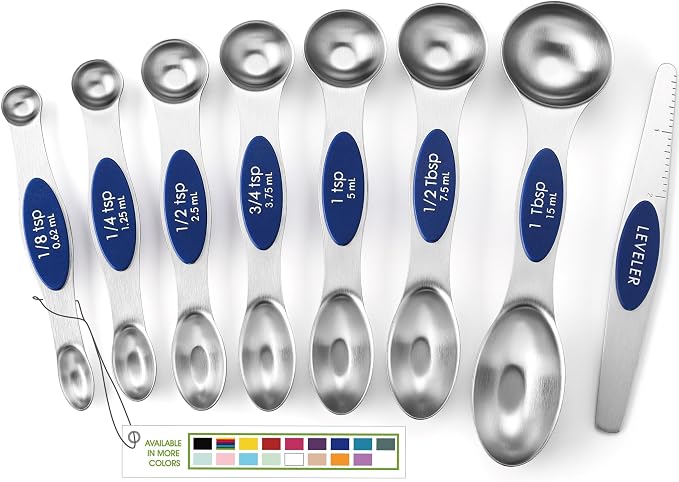Spring Chef 8 Magnetic Measuring Spoons Set for Baking & Cooking, Sapphire | Stainless Steel Teaspoon & Tablespoon Measuring Spoons with Leveler for Dry & Liquid Ingredients, Dual Sided, Dishwasher Safe