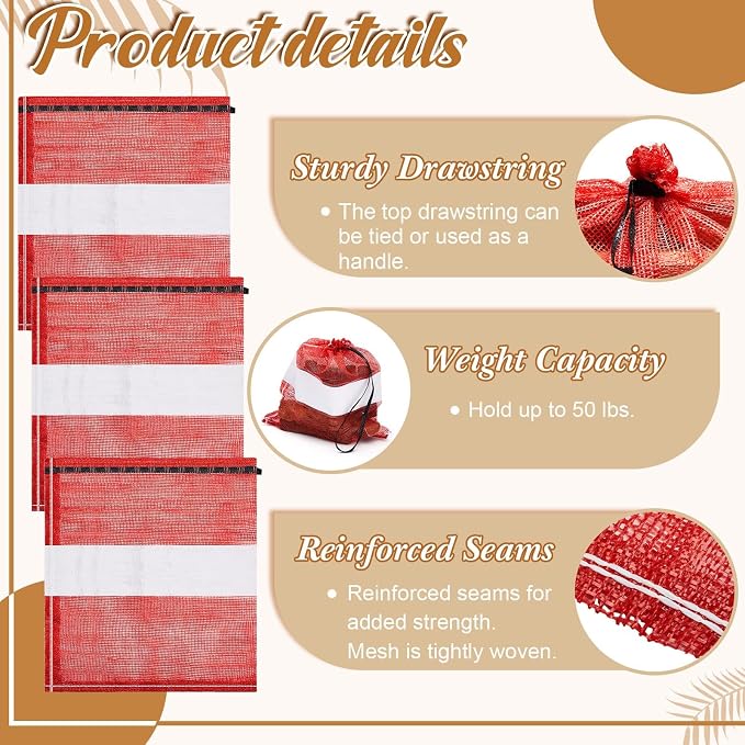 10 Pcs Onion Bags Reusable Mesh Produce Storage with Drawstring Firewood Bags Onion Potato Storage Sacks for Garden Vegetable Fruit Produce Packaging Supplies (24 x 28 Inch)