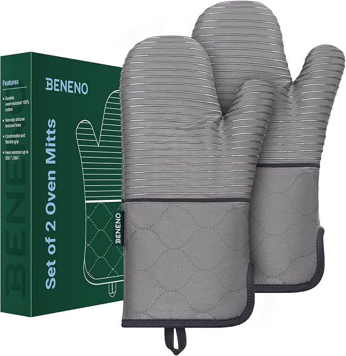 Beneno Heat Resistant 500°F Kitchen Oven Mitts 2-Pack, 7.5"x14.3", Gray | Textured Non-Slip Silicone Grip, Extra Long Forearm Protection, Soft Quilted Cotton Terry Lining, Ideal for Baking & Grilling