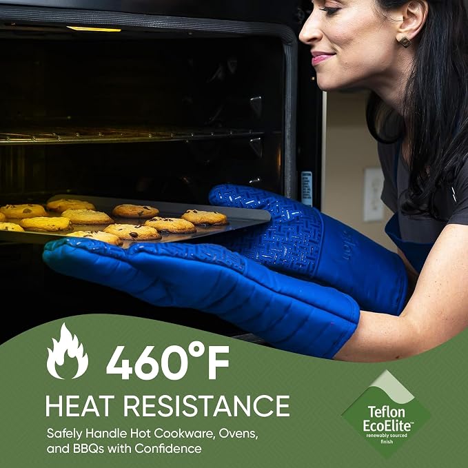 Xlnt Extra Long Oven Mitts (Blue) | Teflon EcoElite Water Repellent | Heat Resistant for Oven Cooking, Grill & BBQ | Non Slip Gloves with Teflon EcoElite Finish, Cotton Lining & Hanging Loop