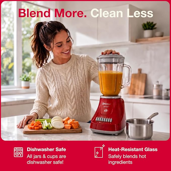 Koblenz LKM-5970 VR Blender, Home and Kitchen Appliances, 500W Motor, 51 Oz | Glass Jar, 10-Speed, Blender for Smoothies, Milkshakes, Purees, 4 Stainless Steel Blades, Metal Coupling, Red, For Gifts