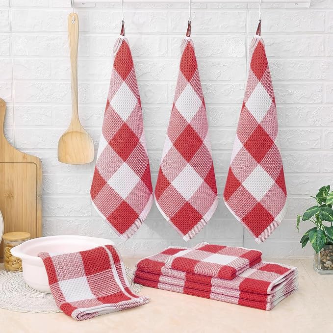 Homaxy Kitchen Towels and Dishcloths Set, Set of 12, White & Red | Bulk Cotton Waffle Weave Check Plaid Kitchen Towels, Super Soft and Absorbent Dish Cloths, 12 x 12 and 13 x 28 Inches