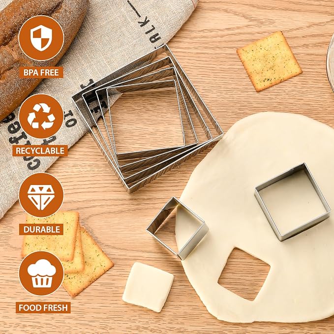 6 PCS Square Cookie Cutter Set - Cookie Cutters (1.5-4 Inch), Stainless Steel Set for Baking, Cookies, Biscuits & DIY - Durable Square Cutters for Holiday & Daily Use