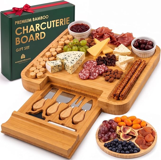 Bamboo Charcuterie Boards Gift Set - Meat and Cheese Tray with Utensils | Fruit Server & 2 Sauce Bowls Included – House Warming, Wedding & New Home Present