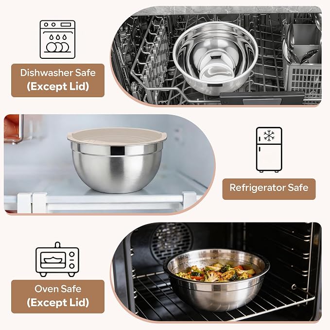 E-far Mixing Bowls with Lids Set, Stainless Steel Cooking Salad Bowl, Khaki | 10-Piece Metal Nesting Bowls with Airtight Lid for Kitchen Storage, Baking & Prepping, Dishwasher Safe, 0.7/1.5/2.1/3/4.6 QT