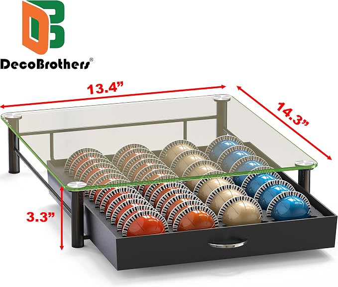 Deco Brothers Tempered Glass Vertuo Pod Holder, Fits 24 Large/48 Small Pods | Compatible with Nespresso Capsule, Black