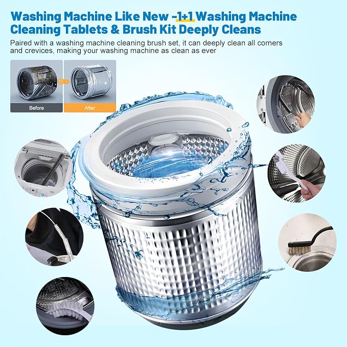Washer Machine Cleaner Tablets 15 Pcs + Dryer Vent Cleaner Kit 12 Pack | Crevice Cleaning Brush for Bathroom, Shower & Kitchen, All-in-One Multi-Surface Scrubbing Brushes,Formulated for Pet Owners