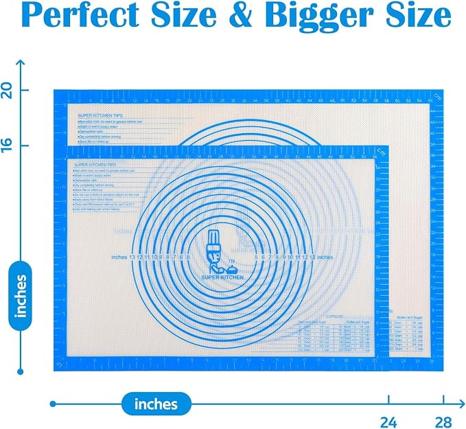 Nonstick Silicone Pastry Mat Extra Large with Measurements Dough Baking Mat | 28'' x 20'' Silicone Baking Mat Counter Dough Rolling Fondant/Pie Crust Sourdough Bread Supplies By Folksy Super Kitchen Blue