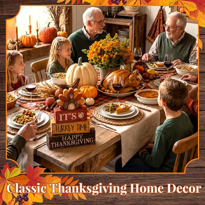 Lineshading 4 Pcs Wooden Turkey Fall Farmhouse Thanksgiving Tabletop Signs | Rustic Tiered Tray Decor, Thanksgiving Turkey Theme Block Signs, Farmhouse Home Table Centerpiece, Wooden Rustic Gift Set