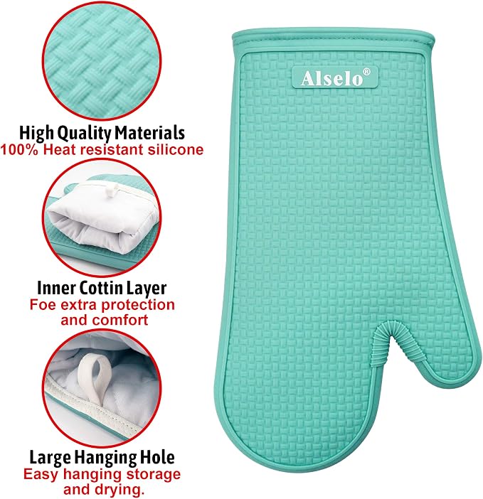 Alselo Silicone Oven Mitts Set, Heat Resistant 550 Degree,7.5"x12" | Kitchen Mittens,Waterproof & Non-Silp Oven gloves for Baking Cooking Barbecue Microwave & Machine Washable(Blue, 2)