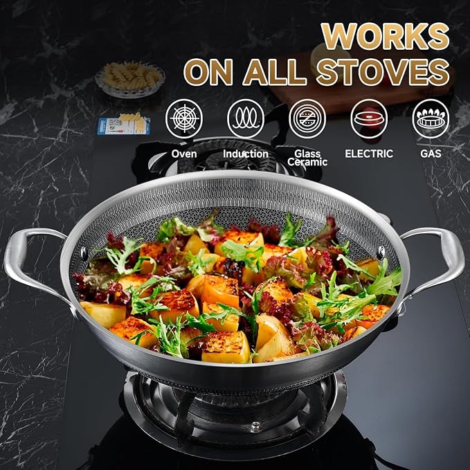 Hybird Nonstick Wok Pan with Steel Lid | 14.5-Inch | Rivented Handle | Non Toxic | Tri-Ply Stainless Steel | Ceramic Coating | Stir Fry Pan | Induction Compatible | Dishwasher & Oven Safe