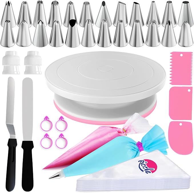 88 pcs Cake Decorating Kit with Pink Cake Turntable - Includes 50 Disposable + 2 Reusable Piping Bags and Tips Set, 24 Icing Piping Tips, 2 Spatulas, 3 Icing Comb Scraper, Baking Supplies