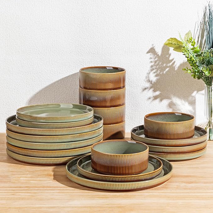Ceramic Dinnerware Set for 6, 18-Piece Plates and Bowls Set | Lightweight Porcelain Dish Set, Scratch Resistant, Oven & Microwave & Dishwasher Safe, Sage Umber