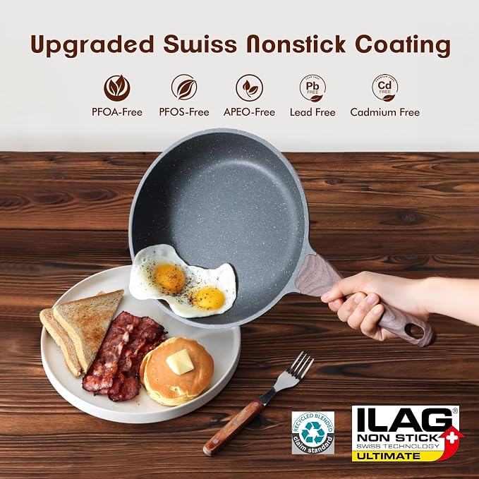 SENSARTE Nonstick Frying Pans, Grey(9.5+11+12.5 Inch) | Swiss Granite Coating, Free of PFOA&PFOS, Compatible with All Stoves Including Induction Cooktops, Easy to Clean