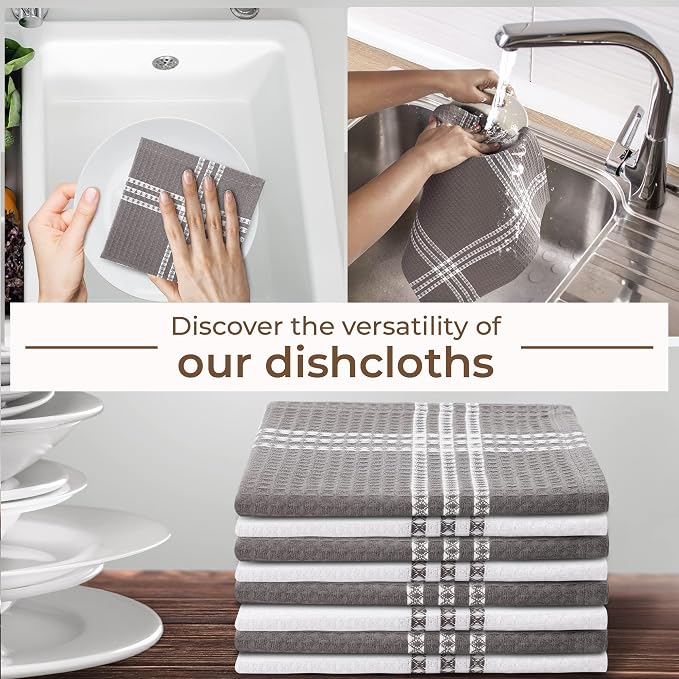 Urban Villa Kitchen Towels Cotton Dish Towels 12”x12” (Set of 8) Grey White