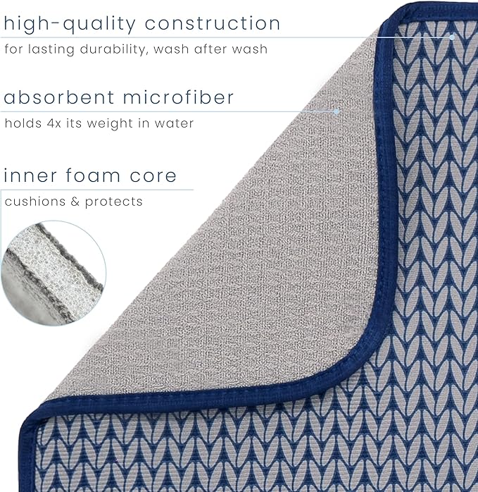 S&T INC. Dish Drying Mat, 16" x 18", Large, Blue Stockinette | Absorbent Microfiber, Kitchen Counter Mat for Dishes, Utensils, Pots and Pans, Machine Washable