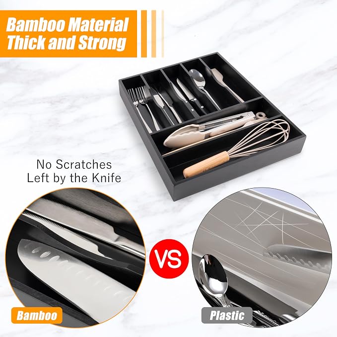 Bamboo Silverware Drawer Organizer, Utensil Kitchen Drawer Organizer, Utensil Holder Cutlery Tray with Grooved Drawer Dividers for Kitchen Utensils and Flatware Bedroom Office (7 Slot, Black)