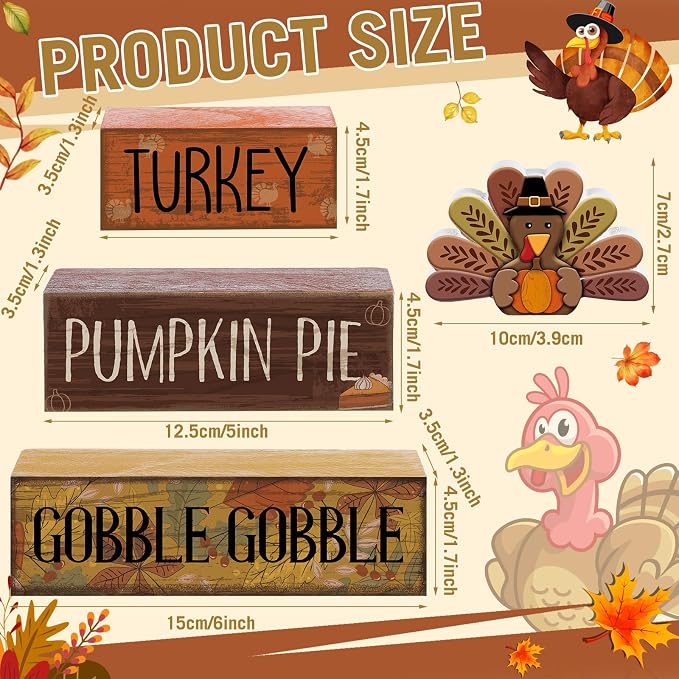 Lineshading 4 Pcs Thanksgiving Turkey Decor Wooden Fall Table Decorations | Rustic Block Signs with Turkey Pumpkin Pie Gobble Text, Autumn Harvest Table Centerpiece, Farmhouse Kitchen Shelf Decor