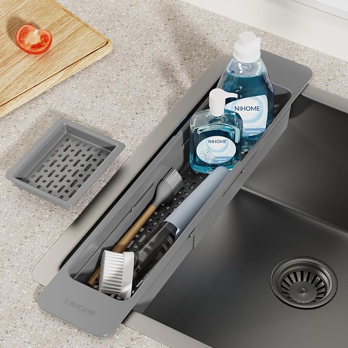 NiHome Extendable Kitchen Sink Caddy Extra Long Brush Sponge Storage Holder | Expandable Kitchen In Sink Organizer Extra Long for Brush Sponge with Drainage, Adjustable Length Non-Slip Pads (Dark Gray)