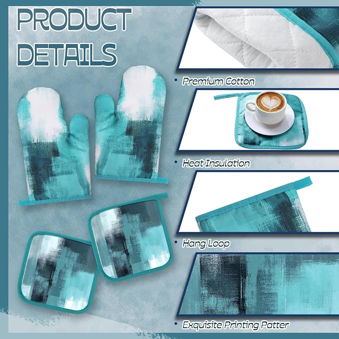 Bencailor 6 Pcs Teal Kitchen Accessories Teal Kitchen Towels Pot Holders and Oven Mitts Turquoise Farmhouse Cooking Mittens Oven Glove and Potholder for Baking Cooking Grilling Supply Accessories