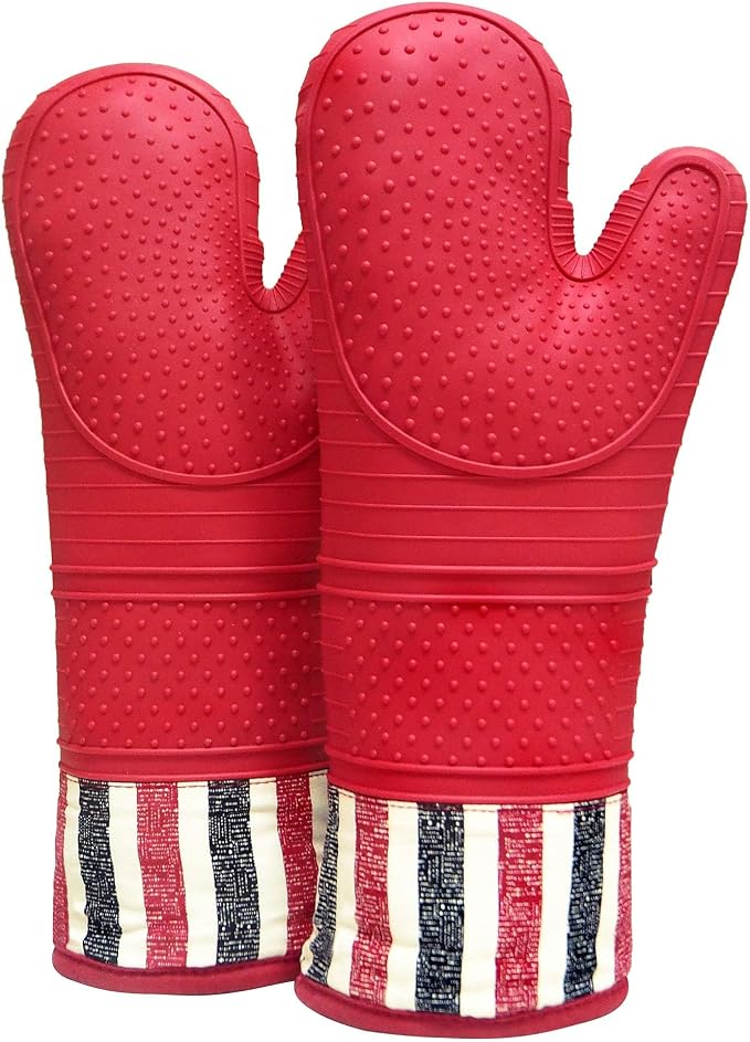 Heat Resistant 550 Degree Oven mitt, Silicone Oven Hot Mitts - 1 Pair | Extra Long Professional Baking Oven Gloves - Food Safe,Pot Holders Cooking,Grilling,Kitchen (Red Mittens)
