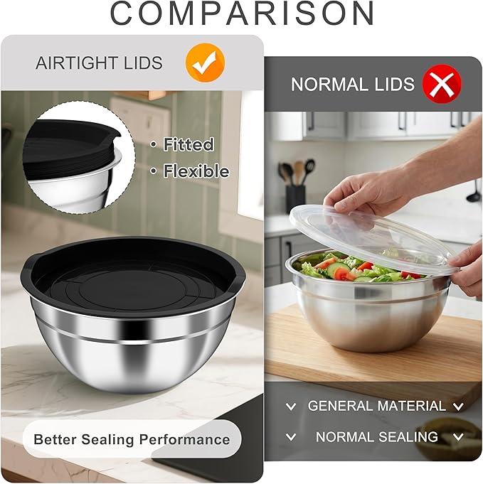 HaWare Mixing Bowls with Airtight Lids, 6-Piece Stainless Steel Salad Bowls | Strong Nesting Bowls for Cooking, Prepping, Baking, Serving & Food Storage, Stackable Design, Size 4.6, 3, 1.5QT, Black