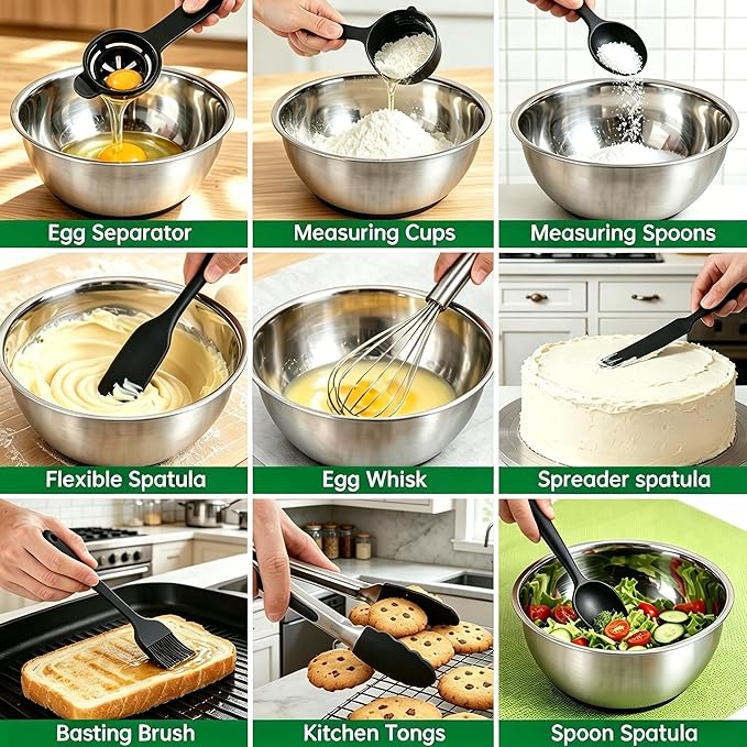 Deedro Mixing Bowls with Airtight Lids, 22Pcs Stainless Steel Mixing Bowls Set, Nesting Bowls with Non-Slip Silicone Base, thicker Metal Bowls for Baking & Prepping, 1.5/2/3/4/5 QT, Black