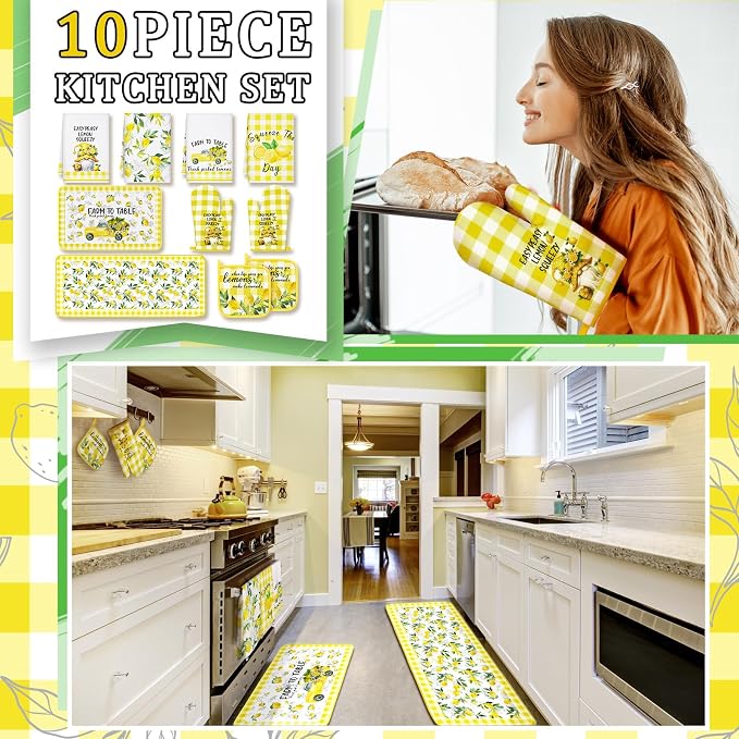 Fourluoo 10 Pcs Lemon Kitchen Decor Set Kitchen Towels and Rugs Oven Mitts and Pot Holders Set for Women Mom Gift Cooking Baking Grilling