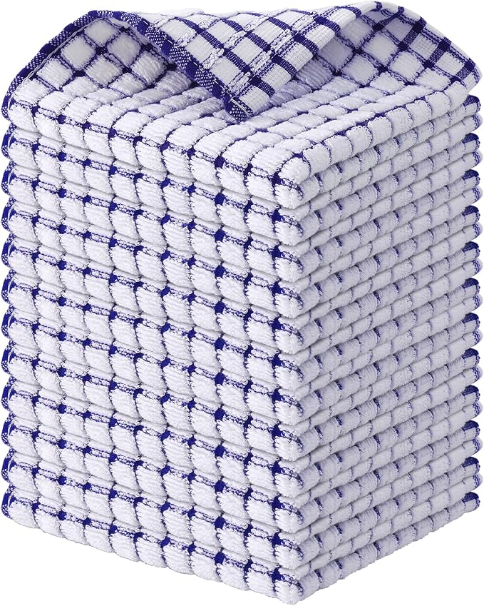 Kitinjoy Cotton 12 Pack Terry Kitchen Dish Cloths, Blue | 12 x 12 Inches Super Soft and Absorbent Dish Rags, Quick Drying Dish towels for Washing Dishes