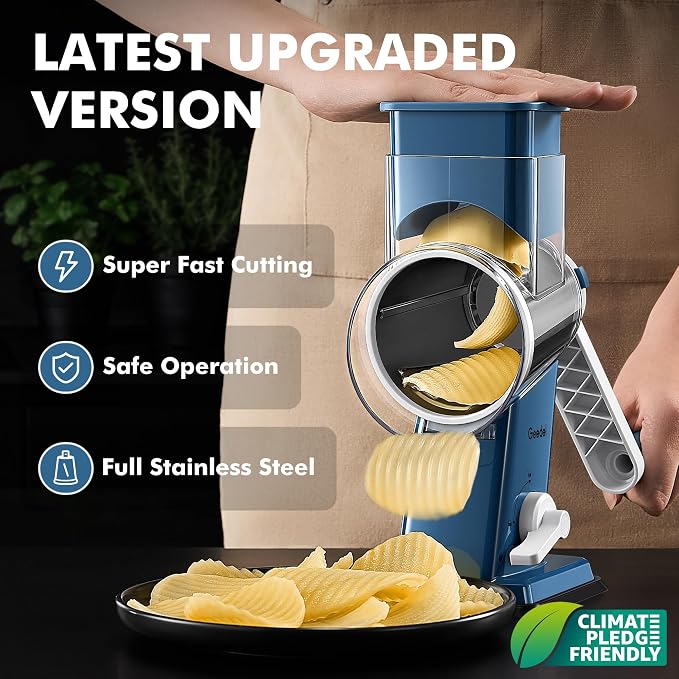 Geedel Upgraded Rotary Cheese Grater Hand Crank, Vegetable Shredder Slicer | 4 Blades, Stronger Suction Base, Wider Chute, 18x Faster Cutting, No BPA, Stainless Steel, for Cheese, Veggies, Nut
