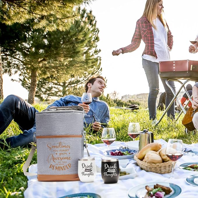 AW BRIDAL Birthday Gifts for Women Men, Drink Happy Thoughts Gift Basket for Housewarming and Beach Camping Travel, Insulated Wine Cooler Bag with Tumbler Mugs and Accessorie Set for Wine Lover Friend