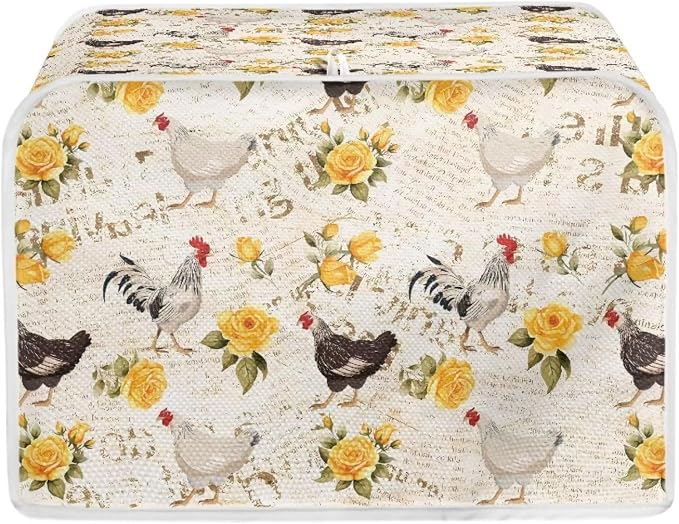Flowers Rooster Printed Toaster Cover 4 Slice Long Slot, Vintage Bread Maker Cover Washable Dust Protection Kitchen Small Appliance Covers with Top Hook