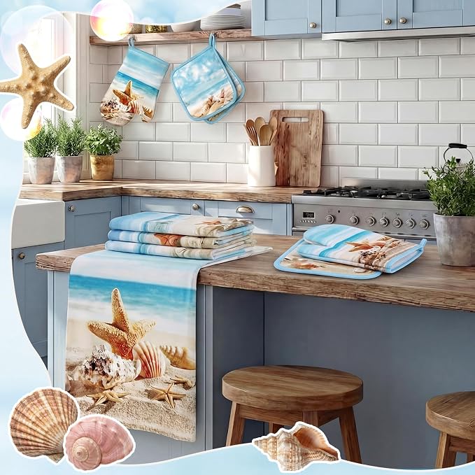 SiliFine 12 Pcs Beach Seashell Kitchen Accessories Set Coastal Starfish Pot Holders Seashell Oven Mitts Ocean Beach Kitchen Towels for Summer Home Decorations, Cooking Baking Housewarming Gifts